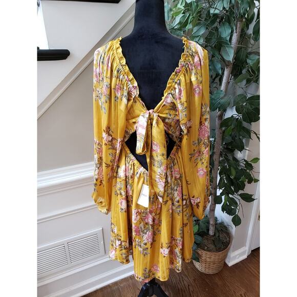 Forever 21 Sheath Dress Womens OX Yellow Floral Keyhole Back Bow Sweetheart Neck - Picture 4 of 14